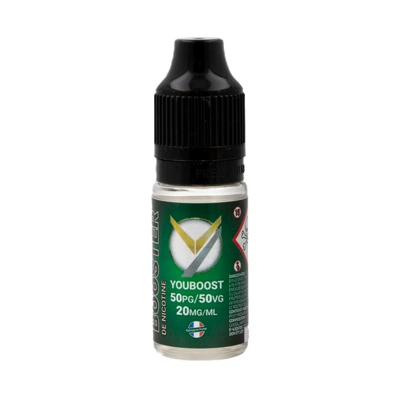 Booster de nicotine YouBoost, fabriqué en France pour ajouter de la nicotine à vos eliquides ou DIY. Ratio de 50PG/50VG, parfait compromis.