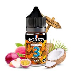 L'arôme concentré Numbers 3 30ml de Etasty vous emmène sous les tropiques pour déguster un cocktail de Pêche, de Fruit de la Passion et de noix de Coco.