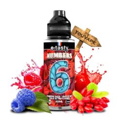 Le e liquide Numbers 6 est une saveur fruitée à base de framboise bleue, de baie de goji et d'un coulis de fruits rouges.