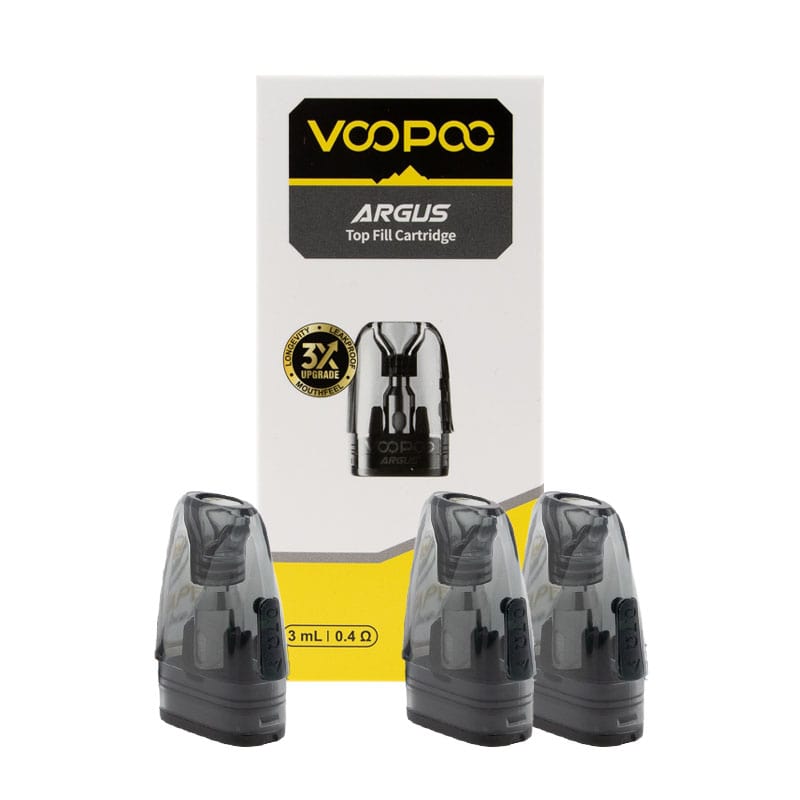 Pack de 3 cartouches interchangeables pour les pod Argus A, G, P et Z de Voopoo, avec résistance intégrée de 0.40 ou 0.70 ohm, et 3 ml de contenance.