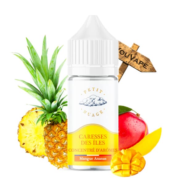 L'arôme concentré Caresses des Iles 30ml de la marque Petit Nuage est une délicieuse saveur de smoothie mangue ananas gorgé de soleil, ultra-désaltérant, doux et sucré.