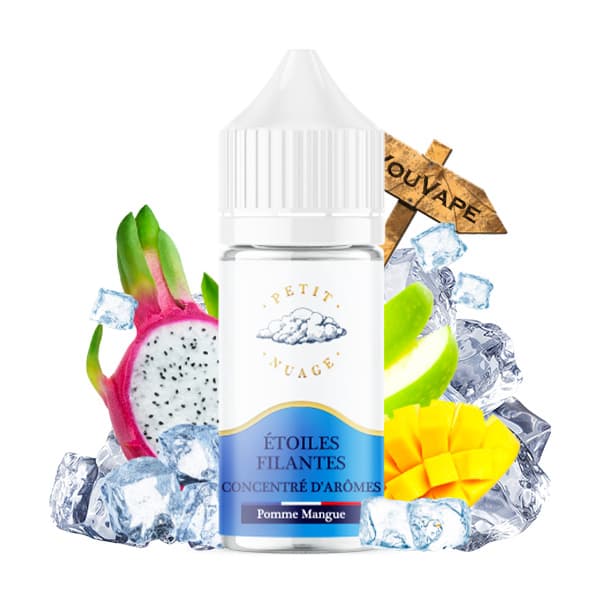 L'arôme concentré Etoiles Filantes 30ml de la marque Petit Nuage est un délicieux mélange de fruits avec du fruit du dragon, des pommes vertes, et des mangues avec une touche de de fraîcheur.