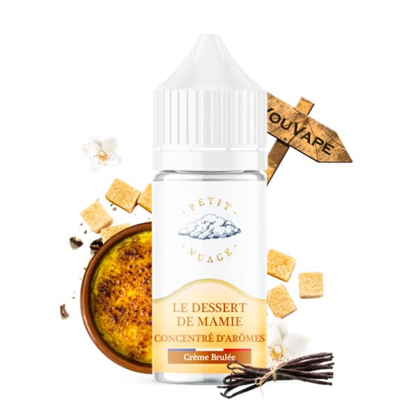 L'arôme concentré Le Dessert de Mamie 30ml de la marque Petit Nuage est une saveur rappelant la crème brûlée caramel que mamie préparait au goûter.