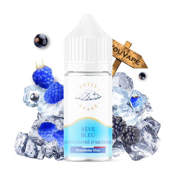 L'arôme concentré Rêve Bleu 30ml de la marque Petit Nuage est un mélange tout en légèreté de baies et de framboises bleues bien sucrées avec une pointe de fraîcheur.