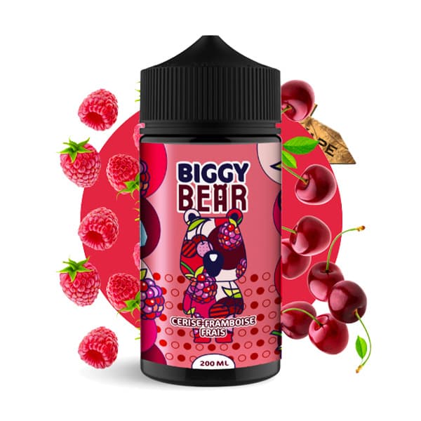 Le e-liquide Cerise Framboise Frais 200ml de Biggy Bear dégage des saveurs de cerises mûres combinées à des framboises et une touche de fraîcheur intense.