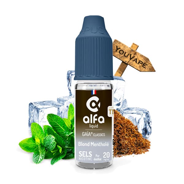 Le e liquide Blond Mentholé Salt de la gamme Gaia Classic par Alfaliquid propose une saveur de tabac blond avec une touche mentholée aux sels de nicotine.