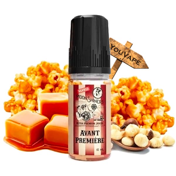 Le liquide Avant Première de MoonShiners par French Liquide est une saveur gourmande de pop-corn nappés d'un caramel fondant accompagné de noix de macadamia.