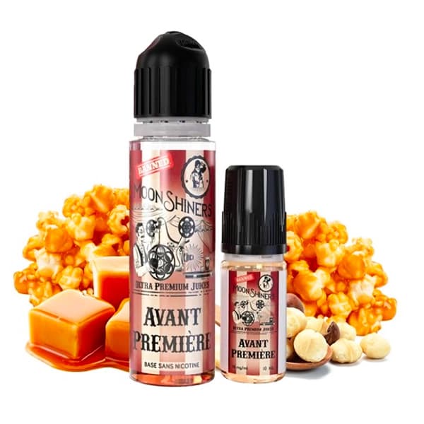 Le liquide Avant Première de MoonShiners par French Liquide est une saveur gourmande de pop-corn nappés d'un caramel fondant accompagné de noix de macadamia.