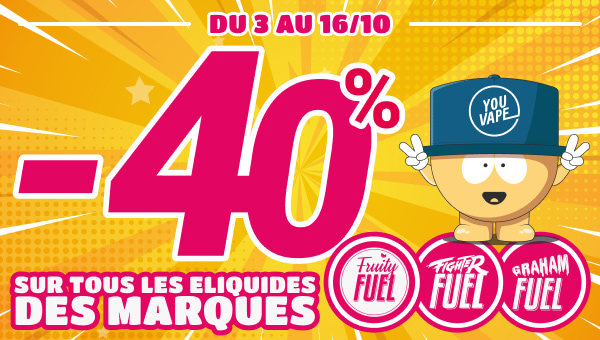 Du 3 au 16/10 profitez de -40% sur tous les eliquides des marques Fruity Fuel, Fighter Fuel et Graham Fuel !