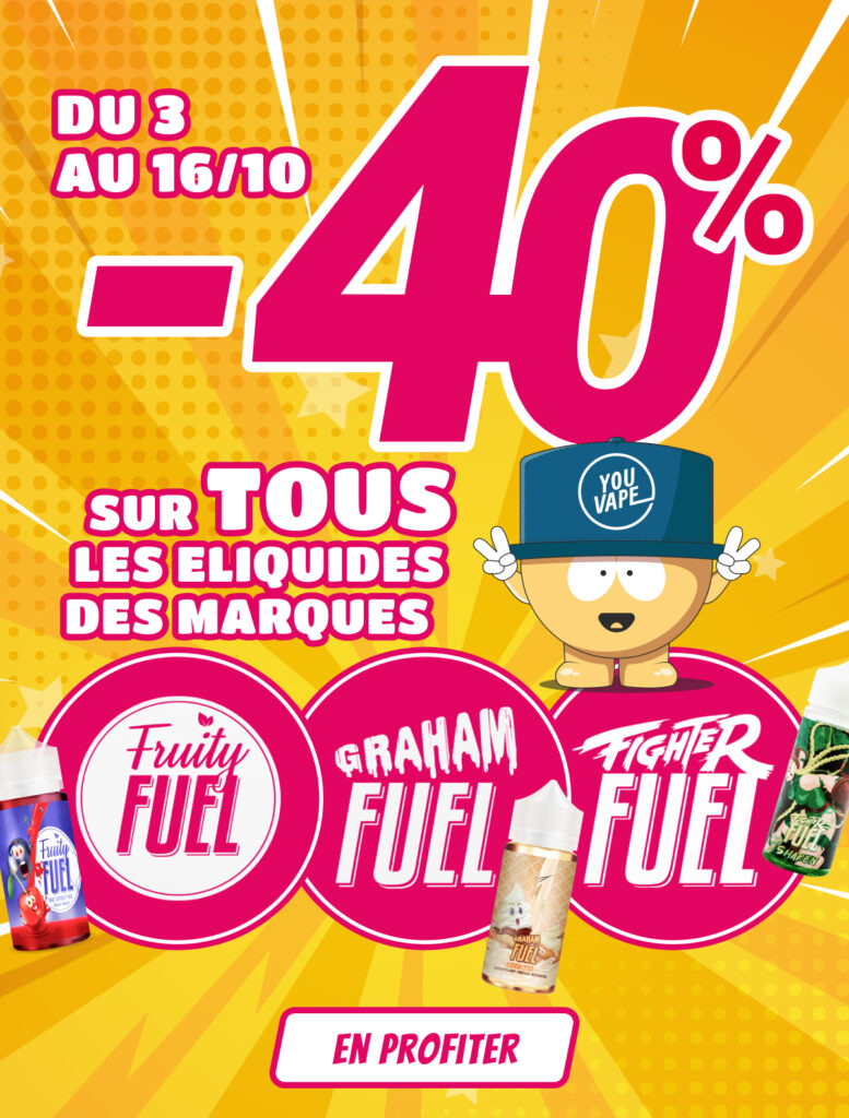 Du 3 au 16/10 profitez de -40% sur tous les eliquides des marques Fruity Fuel, Fighter Fuel et Graham Fuel !