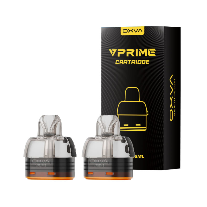 Pack de 2 cartouches VPrime à résistance intégrée de 0.20, 0.40 ou 0.60 ohm pour le pod VPrime de Oxva, d'une contenance de 5ml de eliquide.