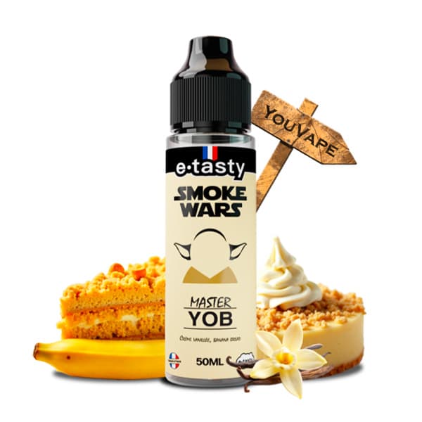 Le eliquide Master Yob, de la gamme Smoke Wars, par E.Tasty est une saveur de gâteau banana bread avec son coulis de caramel.