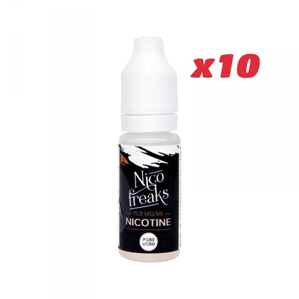 Pack de 10 boosters de nicotine, fabriqué en France pour ajouter de la nicotine à vos eliquides grands formats ou DIY. Ratio de 50/50.