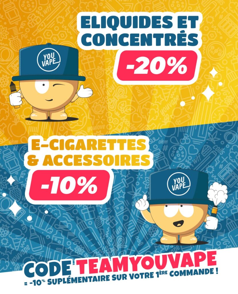 Sur YouVape.fr, profitez de -20% sur tous les eliquides et concentrés, et -10% sur toutes les e-cigarettes et accessoires.