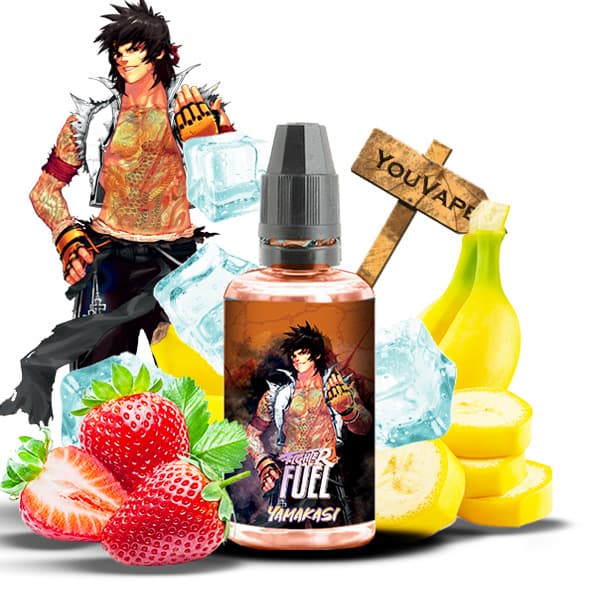 L'arôme concentré Yamakasi 30ml de la marque Fighter Fuel est un mélange de fraises et de banane avec une explosion de fraîcheur.