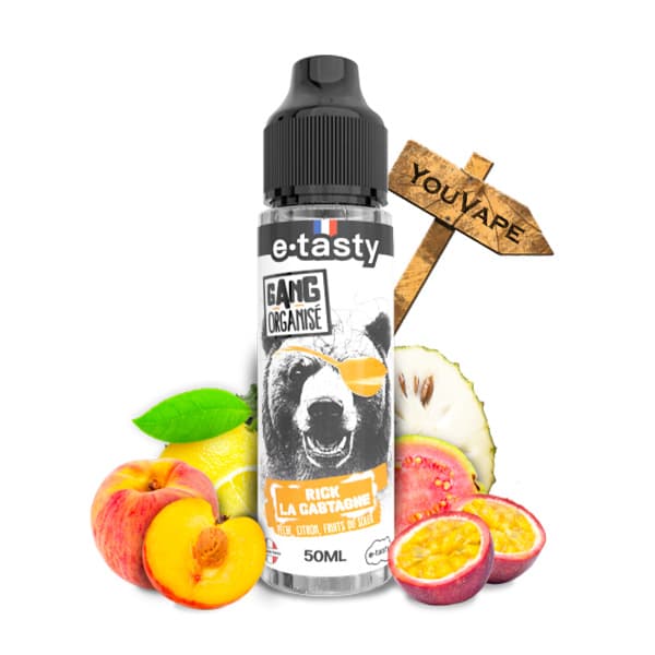 Le e-liquide Rick la Castagne de la gamme Gang Organisé vous propose un mélange ensoleillé de pêche, citron, papaye et corossol.