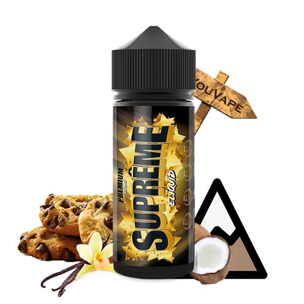 Le e liquide Supreme 100ml de Eliquid France est un mélange de tabac blond, vanille et cookie avec de la noix de coco.