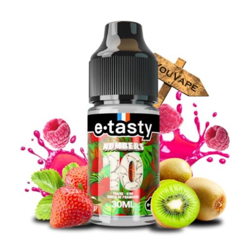 L'arôme concentré Numbers 10 30ml de Etasty associe la fraise sucrée, le kiwi acidulé et un coulis de framboise intense pour une expérience DIY fruitée et équilibrée.