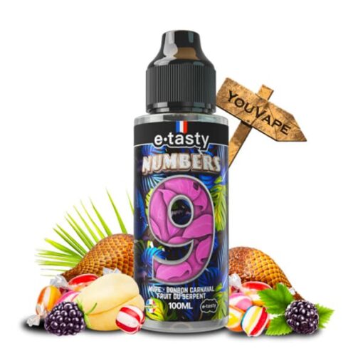 Le e-liquide Numbers 9 - 100 ml Etasty vous embarque dans une aventure gustative unique avec un mélange audacieux de mûre, bonbon carnaval et fruit du serpent.